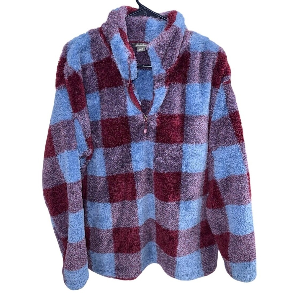 Eddie Bauer Super Plush Fleece Womens XL Harbor Check Burgundy Plaid Quarter Zip